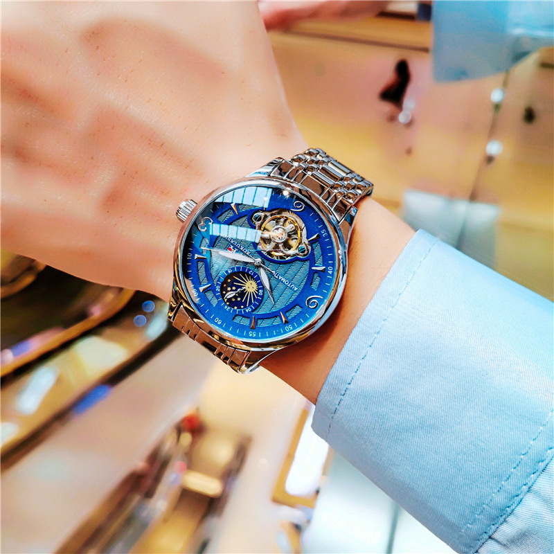 AOKULASIC hueco-hacia fuera transparente inferior luminoso Tourbillon reloj mecánico automático moda reloj de los hombres de moda 1922