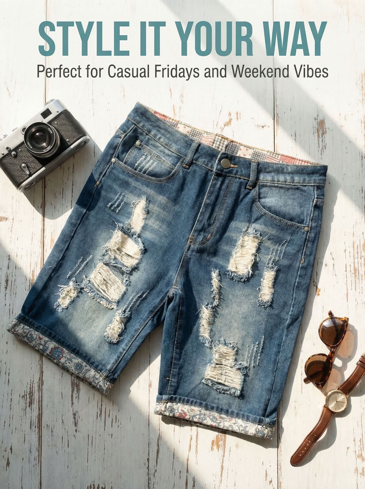 Men's Trendy Ripped Patched Denim Shorts Mid-Length Street Style Summer Riding Breeches Trade Hot Selling_mkmklike.com
