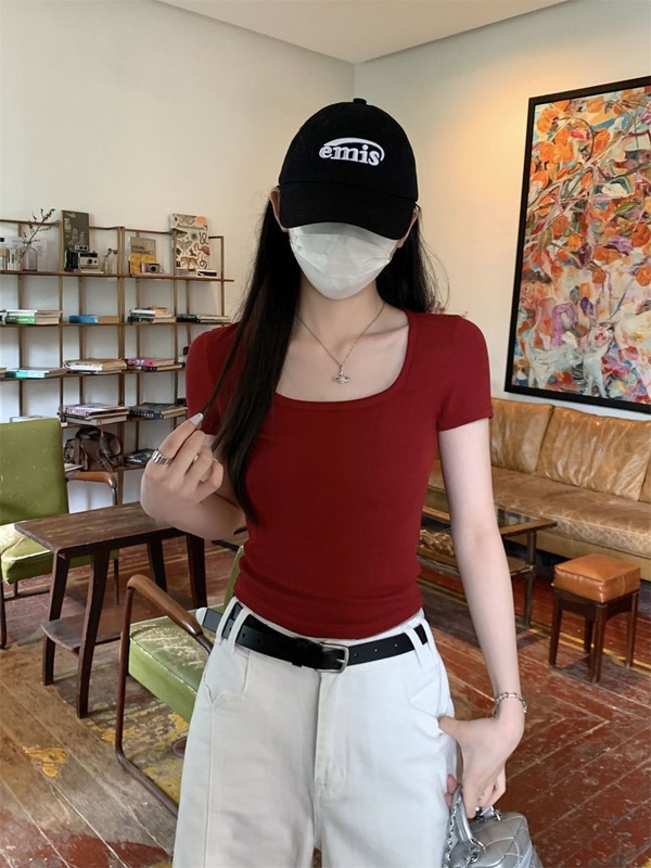 新しい半袖甘辛TシャツUネック無地スリムボトムミニマリスト韓国風アウターウェアとインナー多用途夏半袖トレンド|undefined