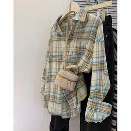 2025港风复古格子衬衫女长袖慵懒衬衣显瘦休闲百搭宽松薄外套上衣