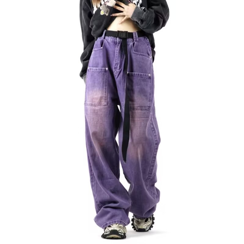 American retro purple jeans couple Spring and Autumn New loose straight slimming mopping wide-leg pants pants is fashion