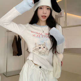 韩系ins猫咪印花设计感撞色圆领长袖打底衫T恤女早秋新甜辣衣