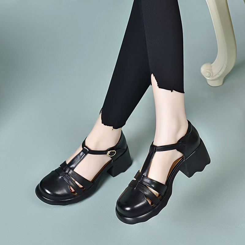 Sandal nữ da thật mũi kín đế dày gót thấp kiểu La Mã — Màu đen