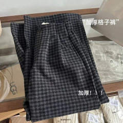 黑灰色格子休闲裤女秋冬宽松慵懒毛呢直筒裤小个子高腰阔腿拖地裤