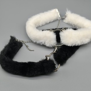 Winter plush black and white imitation fur cat head bell collar choker short necklace