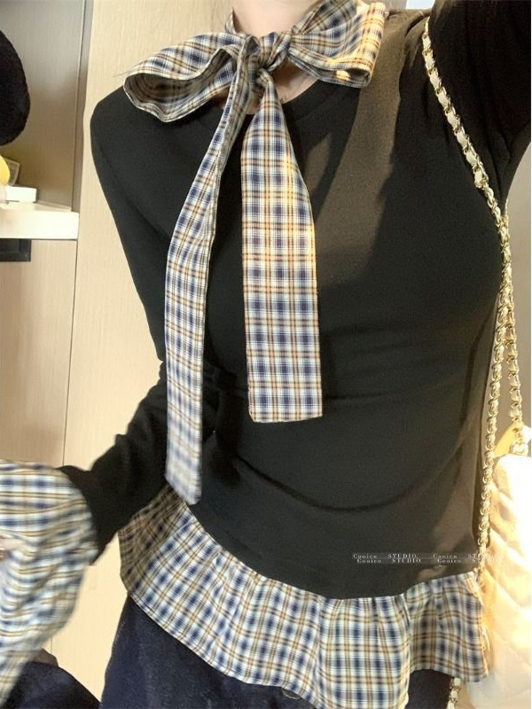 格子蝴蝶结假两件打底衫女春秋冬内搭独特别致设计感小众长袖上衣|undefined