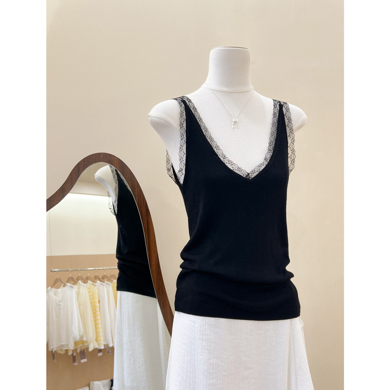 Black Lace V-Neck Camisole for Women, Unique and Beautiful, Slim-Fitting, Flattering, Sleeveless Top for Summer