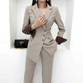 跨境西服两件套女2025秋季职业通勤修身条纹西装外套收腰女裤套装