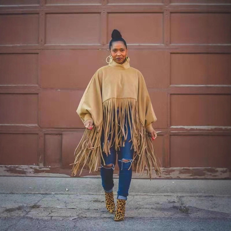 Wish is hot sale, fashionable, solid color, long-sleeved, tassel top, loose trend, medium and long casual and all-match
