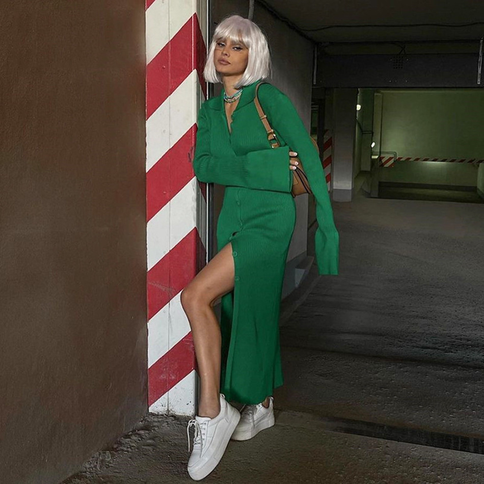 2024 cardigan feminino de malha estendida manga comprida decote em V manga larga vestido suéter ajuste fino_voghion.com