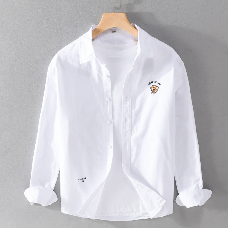 Spring and Autum Oxford Cotton Men's Shirts Fashionable Casual Tiger Picture Embroider Trendy Men's Versatile Shirts Men 9379