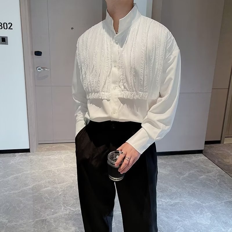 2024 Autum Sexy Street Handsome Shirt Men's Korean Style Ins Trendy Lazy Style Draped Lace Long-Sleeved Shirt