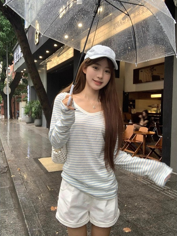 韩系甜美风气质条纹v领防晒罩衫女夏季设计感学院风百搭辣妹上衣|undefined