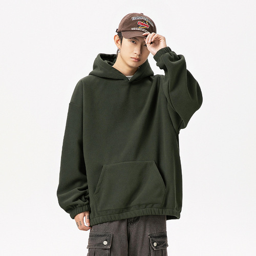 Thickened Plush Fleece Hooded Sweatshirt for Men - Spring Edition - Heavyweight Texture - Solid Color - Basic Model - Trendy Brand Hooded Sweatshirt and Outerwear