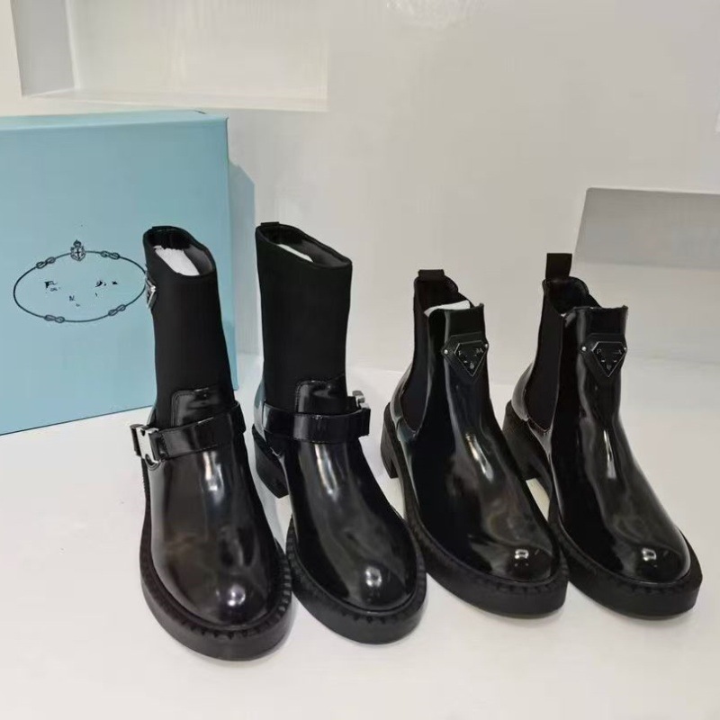 P's Inverted Triangle Boots for Women Black Spliced Elastic Thick-Soled British Style Belt Buckle Thick Heel Short Boots Mid-Length Boots