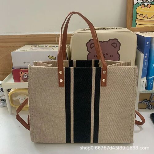 Korean Women's Handbag Suitcase Business Commute Striped Simple Single Shoulder Large Capacity Linen Bag