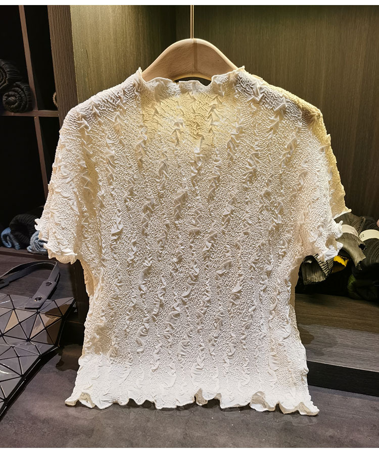 Áo thun nữ tay ngắn cổ tròn phối ren hoa nổi cao cấp — màu đen, Xanh lá cây nhạtcolor, màu tím nhạt, màu mơ chi tiết 7