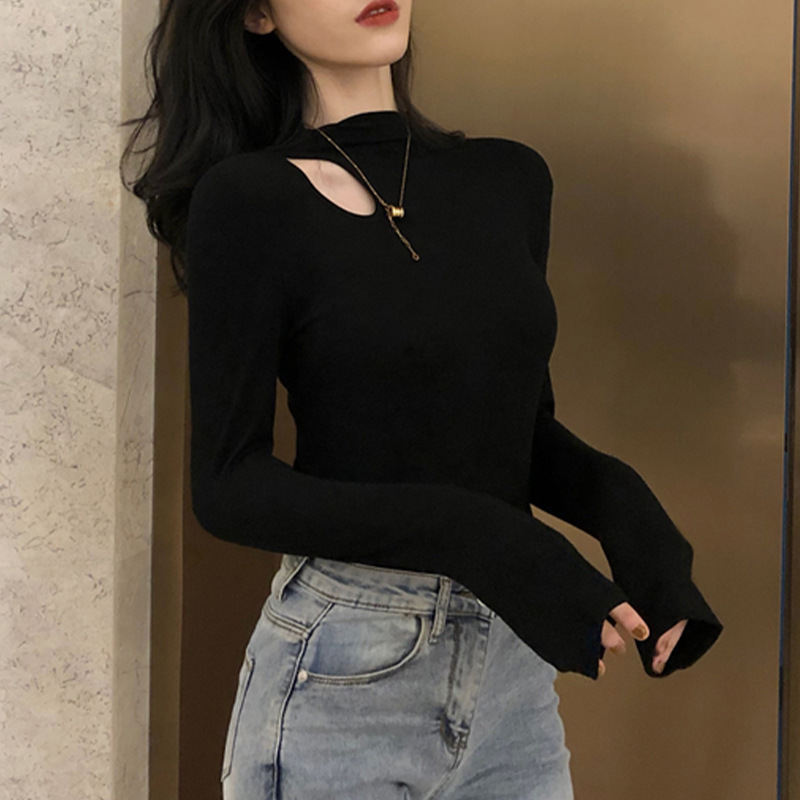 Threaded Half Turtleneck Bottoming Shirt for Women in Autumn and Winter, Fashionable Inner Wear, Slim Fit, Discreet Top, Collarbone-Exposing Long-Sleeved T-Shirt