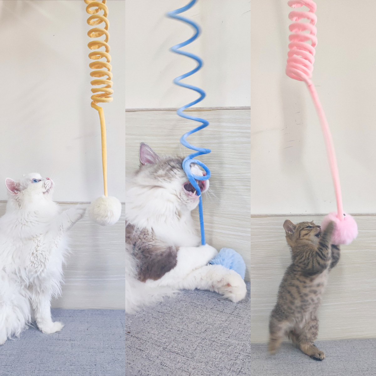 Fabricante de suministros para mascotas, venta directa, ventosa de placer automático, bola de pelo de conejo de primavera, palo divertido para gato, columpio colgante retráctil, juguete para gato