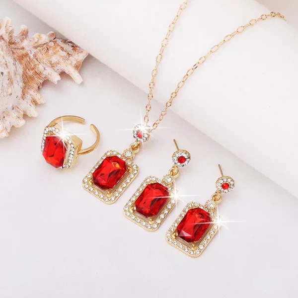 Cross-border gemstone necklace, ring, and earrings three-piece set for women, niche high-end designer jewelry set, wholesale trendy
