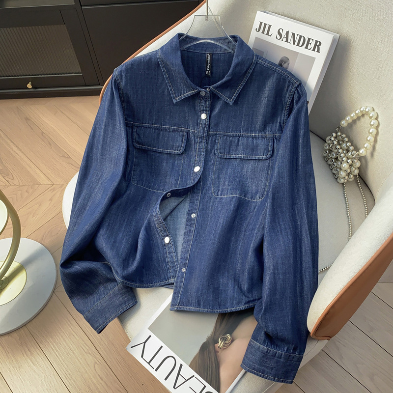 Dark Blue Short-Sleeve Thin Denim Shirt for Women with Turn-Down Collar and Double Pockets, New Spring/Autumn Women's Fashion, Age-Reducing Shirt