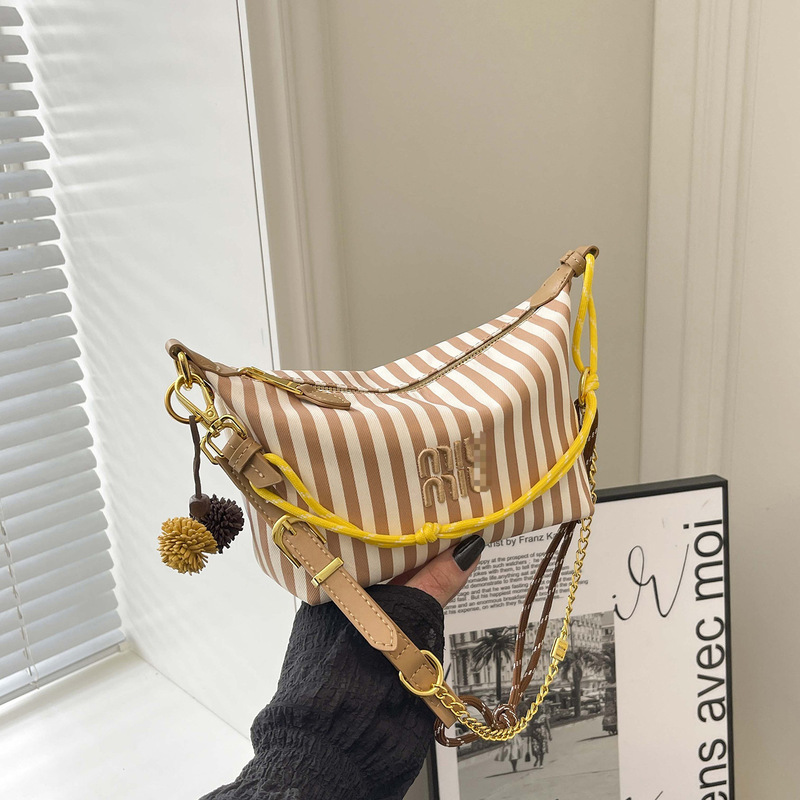 Cross-Border European and American Miu New Spring/Summer Classic Letter Logo Color-Block Striped Canvas Lunchbox Handbag Single Bag