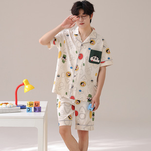 Cotton Men's Pajamas Summer Thin Cardigan Short Sleeve Cartoon Crayon Shin New Student Cotton Home Clothes for Going Out