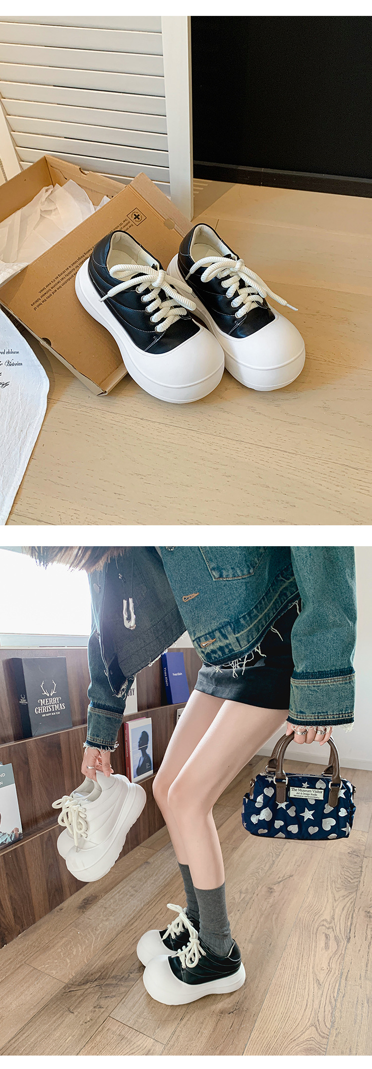 Giày sneaker nữ chunky đế dày da thật phối màu mũi to bản — màu đen, màu trắng chi tiết 15