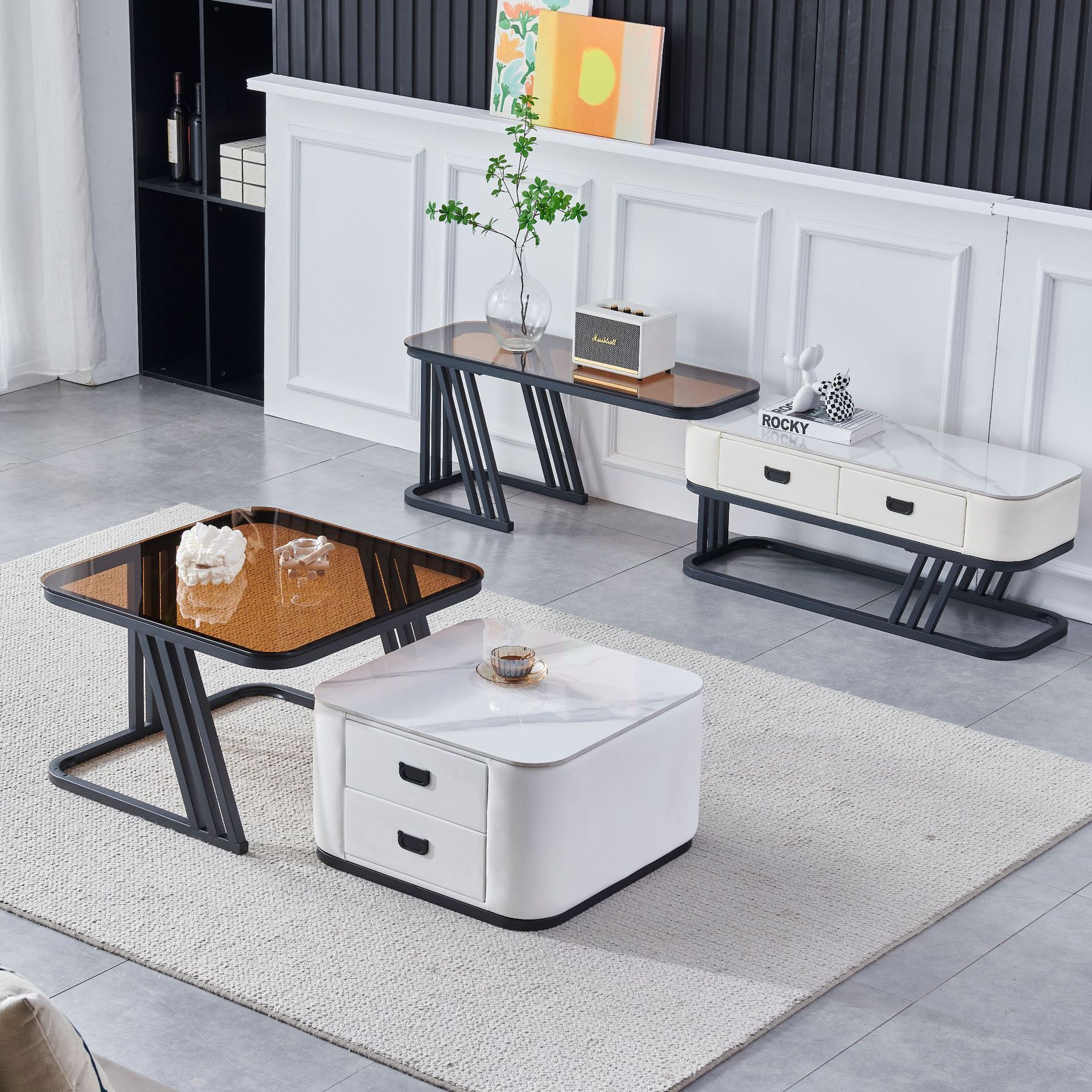 Juego de mesa de centro y mueble para TV de pizarra para uso doméstico en salas de estar pequeñas, apartamento tapizado, estilo minimalista italiano, almacenamiento cuadrado extensible. image 7