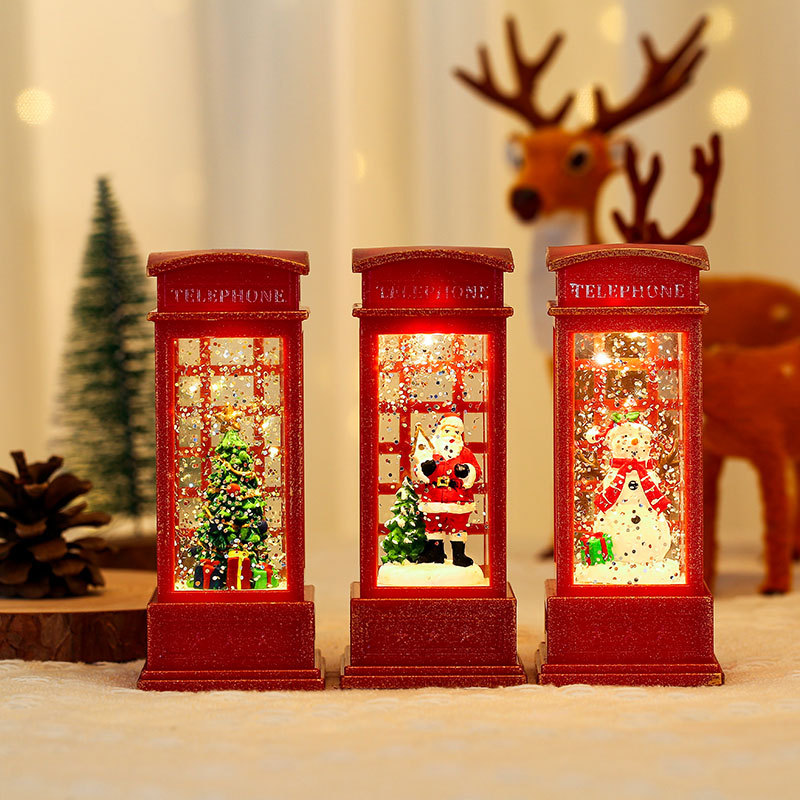 Christmas decorations for the elderly, interior view of telephone booth, small oil lamp, small Christmas gifts, luminous ornaments, gifts