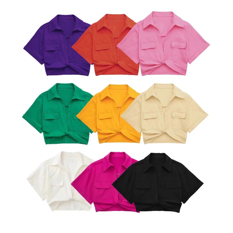 Loose Slim Short Top 22 Summer New European and American Fashion 9 Color Lapel Low-cut Kink Short Sleeve Shirt Loose Slim Short Top 22 Summer New European and American Fashion 9 Color Lapel Low-cut Kink Short Sleeve Shirt