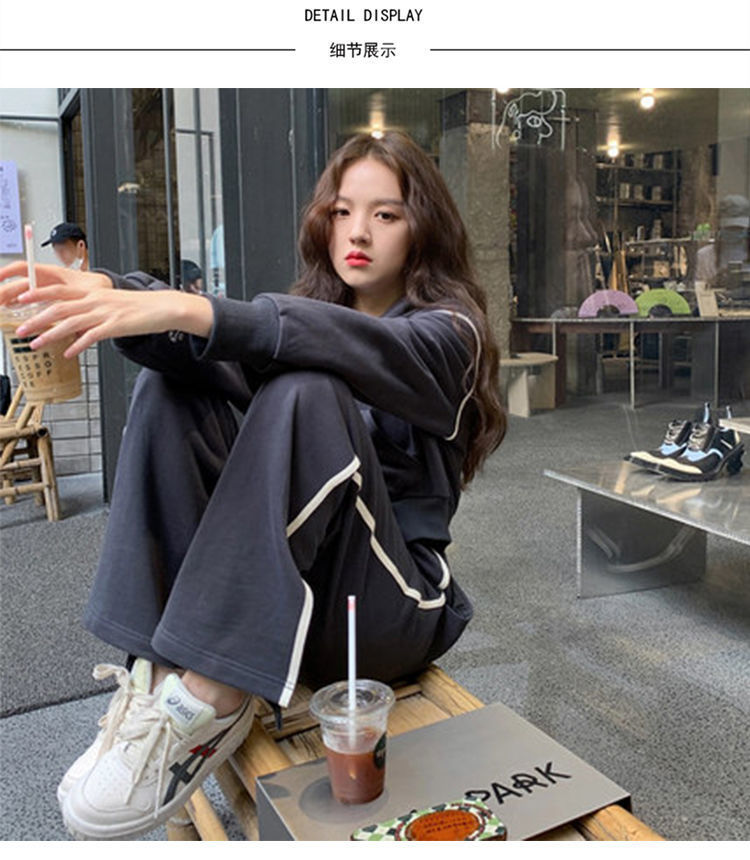 ActiveGo Sports Casual Suit Women Autumn Winter 2024 New Fashion Hong Kong Style Retro Wide Leg Pants Sweatshirt Two Piece Set_desvips.com