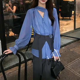 秋季法式高知通勤套装女蓝色V领波点衬衫宽松垂感休闲长裤两件套
