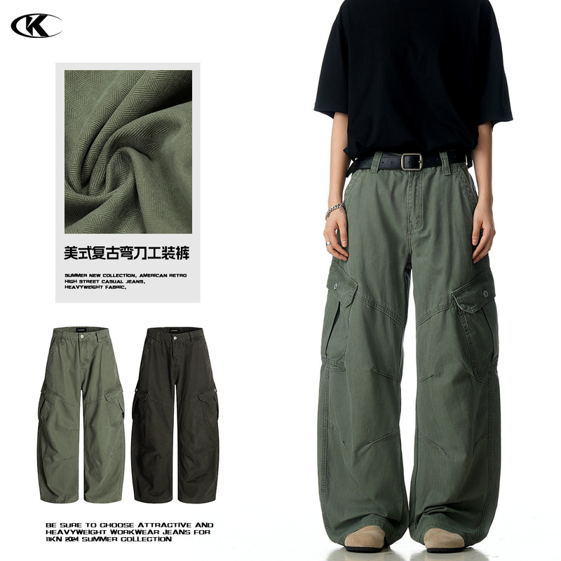 11Kn American Retro Work Pants for Men and Women with Multiple Pocket Design, Slimming, Loose, Versatile Silhouette, Scimitar Pants