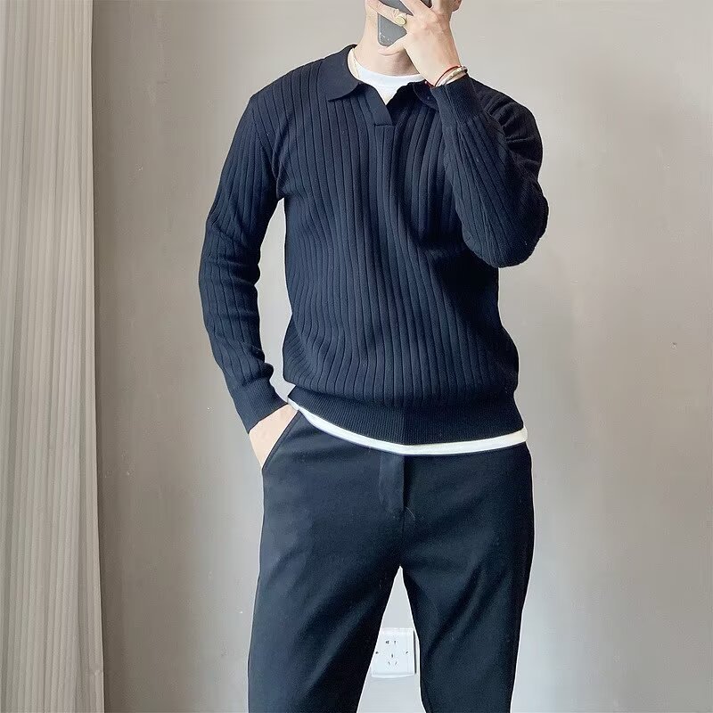 Gray Ribbed Striped Knit Polo Shirt for Men, New Autumn Elastic Slim-Fit Waist-Cinching Top with a Turn-Down Collar Sweater Jacket