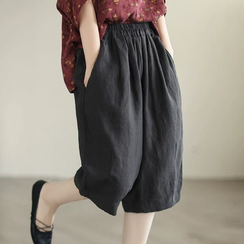 Retro trousers, (Physicals), cotton and linen, elastic waist, plus size