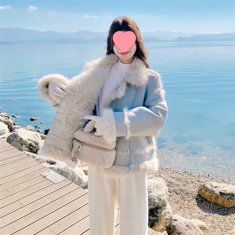 Light Blue Imitation Fur Lamb Plush Fur All-In-One Jacket Women's Winter Motorcycle Jacket Suede Cotton Jacket
