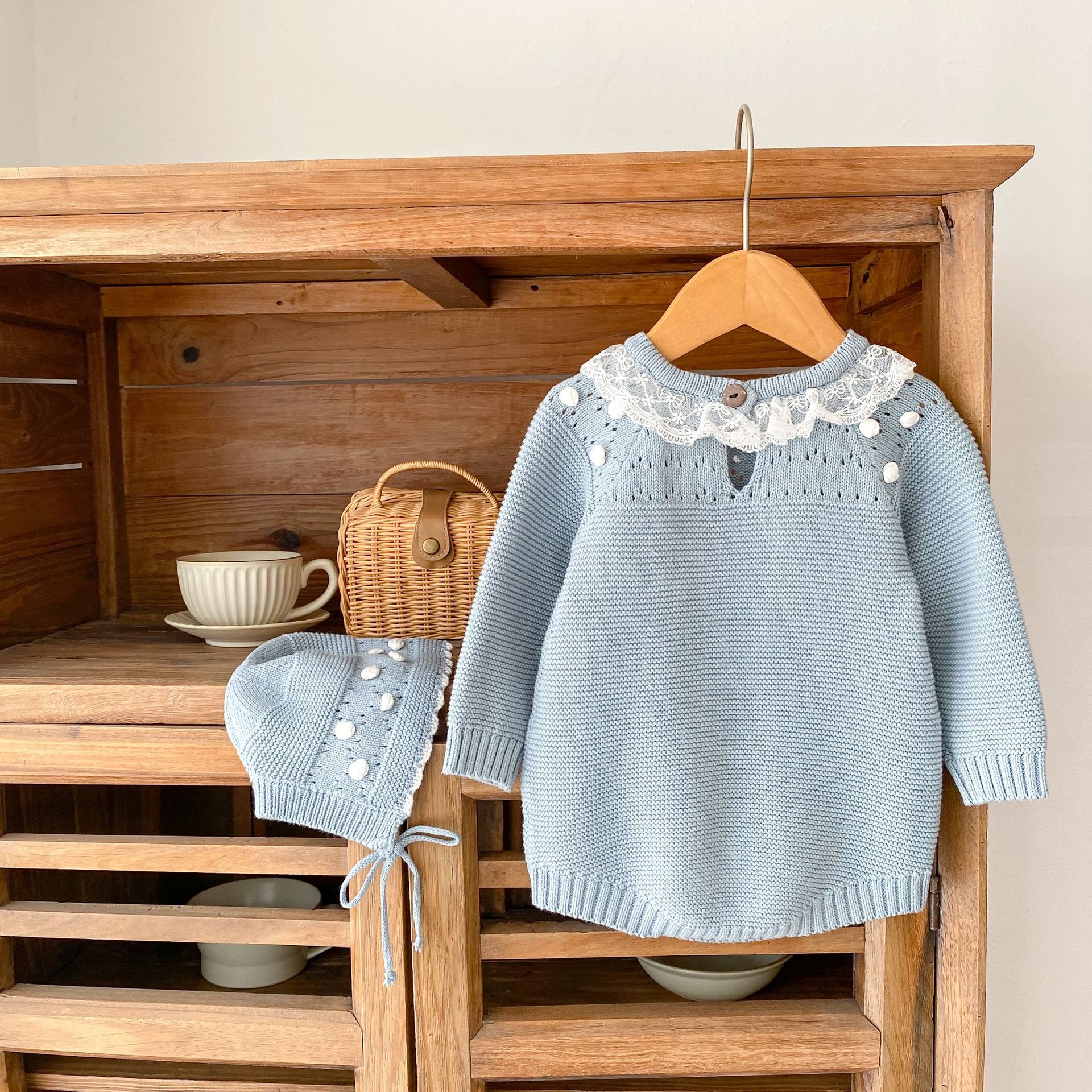 Vestiti autunnali per bambine, in pizzo, fatti a mano, a maniche lunghe, con colletto rotondo, Ha Yi, con sacchetto e cappello opzionale._voghion.com