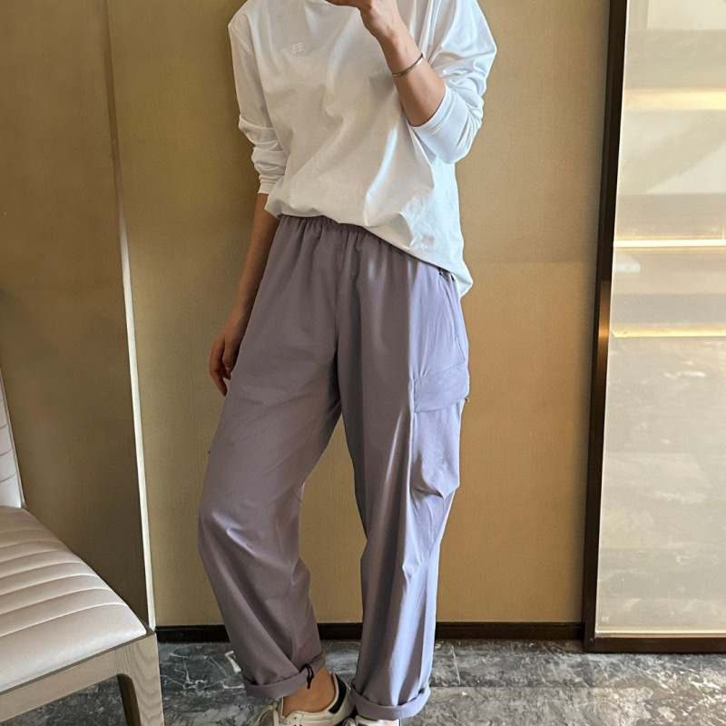 0819x9~山系户外通勤宽松简约显瘦口袋刺绣松紧腰软壳休闲长裤女|undefined