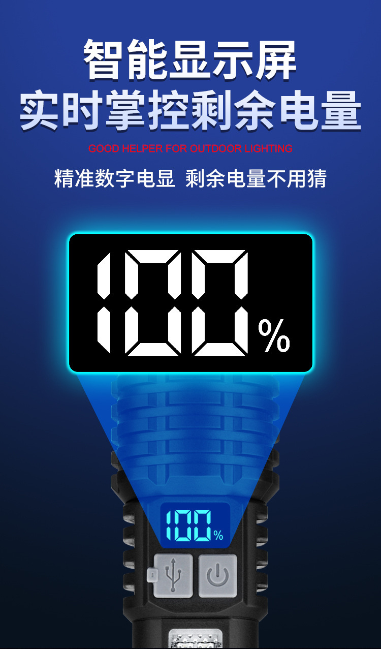 Cross-Border Best-Selling Multifunctional Flashlight with Side Light, Digital Display, Long Battery Life, Outdoor Long-Range Zoom Flashlight