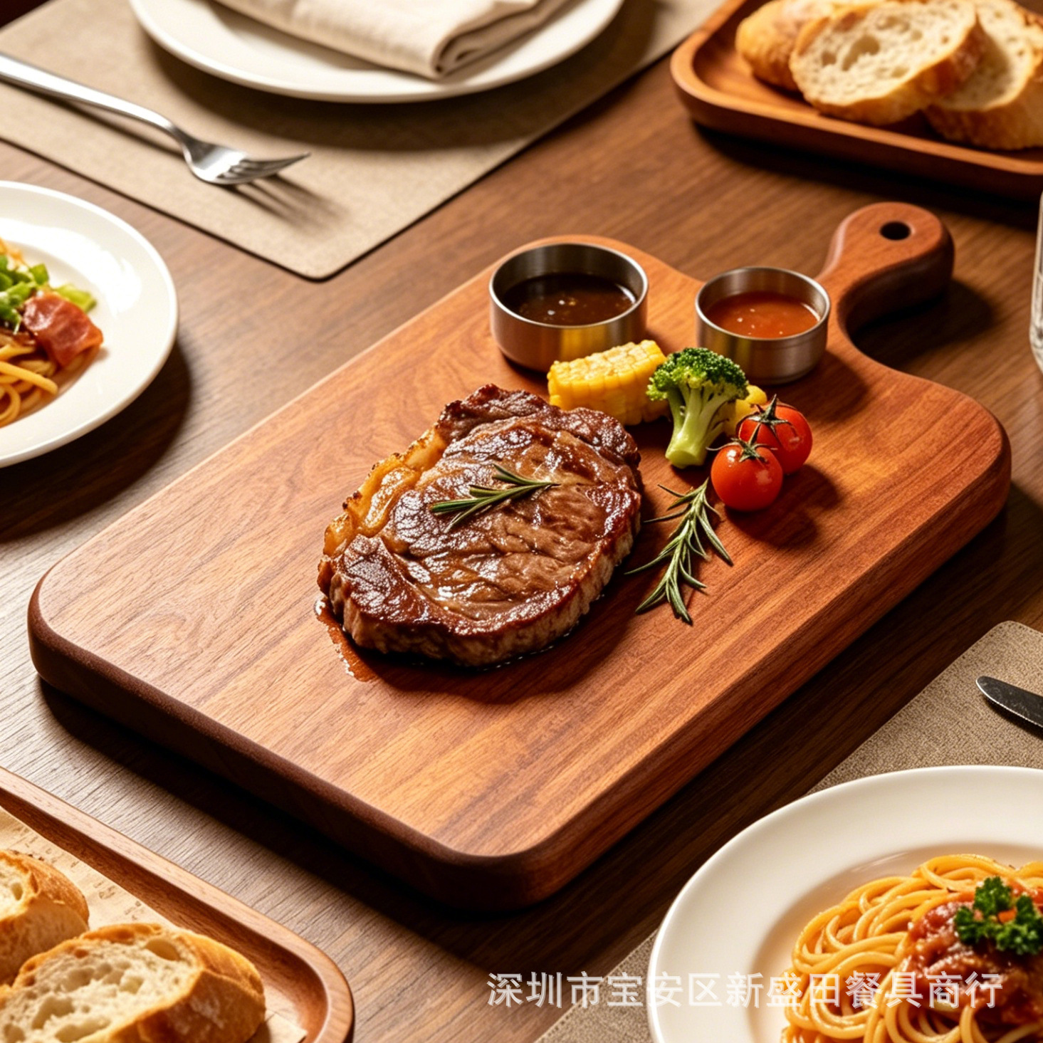 露营风乌檀木餐托 户外便携实木牛排盘 野餐面包托盘带挂孔可悬挂