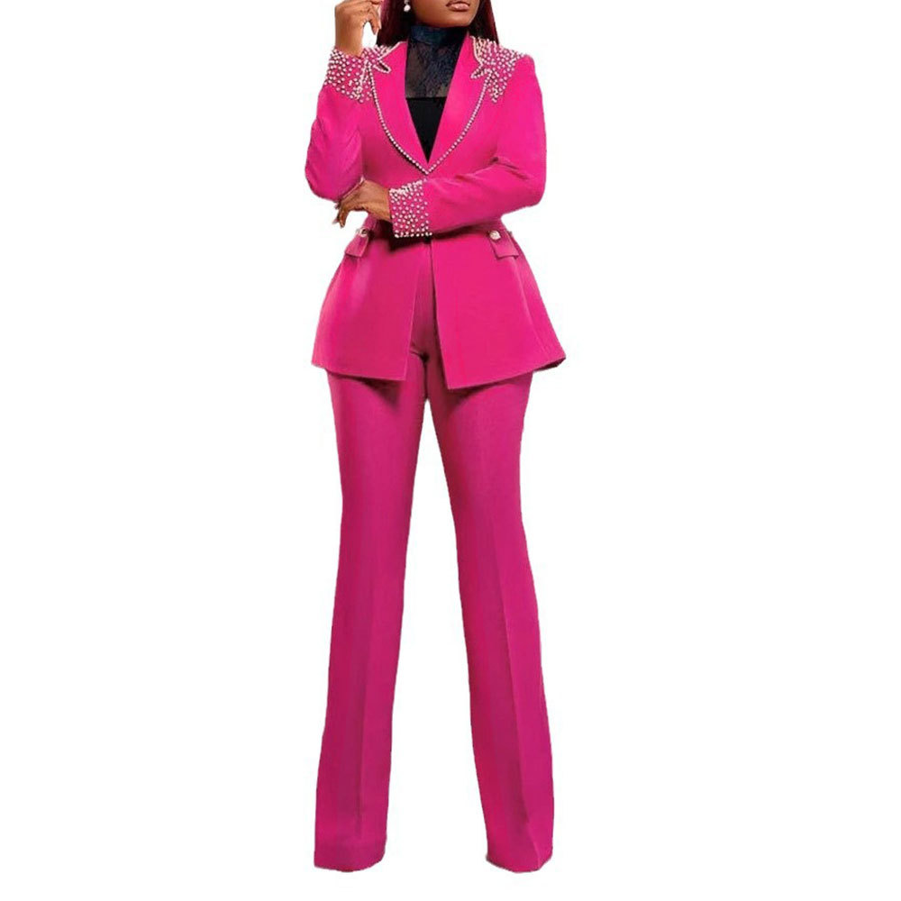 K3332 Women's European And American Style Pearl Embellished Slim Stretch Two Piece Suit Long Sleeved Regular Fit Summer Suit_ecoleips.com