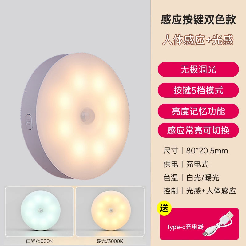 スマートled人体感応円形小夜灯泡充電式階段廊下家庭用ベッドヘッド磁気吸灯|undefined