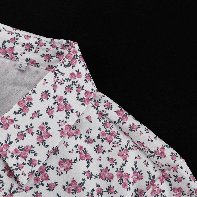 Floral Women Clothing Long Sleeve Collared Shirt Ruffled Shorts Two Piece Set