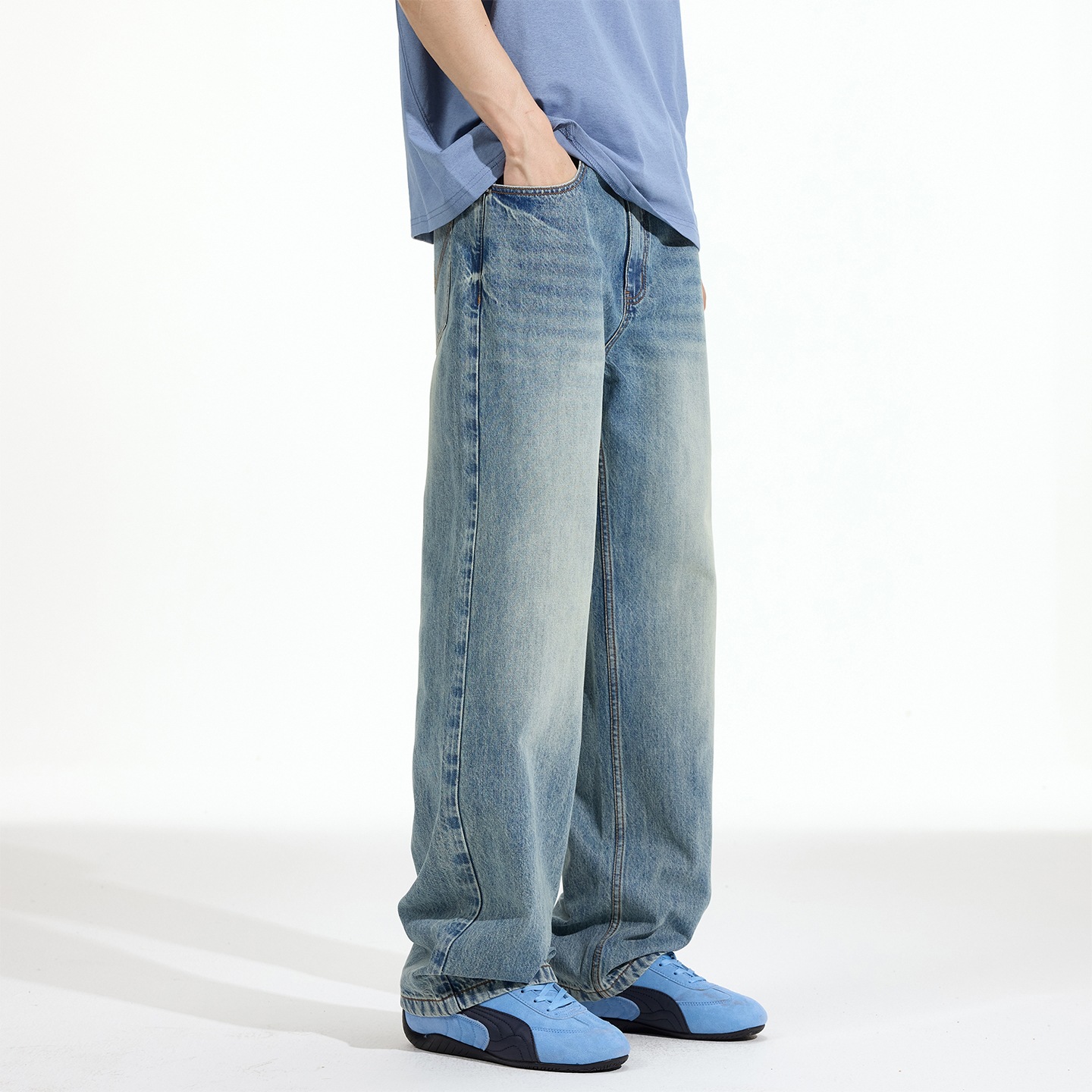 Pantalones Jeans Rectos Estilo Retro para Hombre de Algodón Lavado Corte Holgado para Ocio