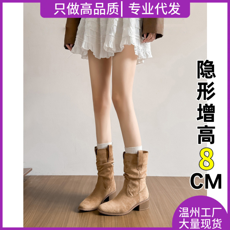 软皮版！西部褶皱短靴女堆堆靴复古英伦风小个子内增高中筒马丁靴|undefined