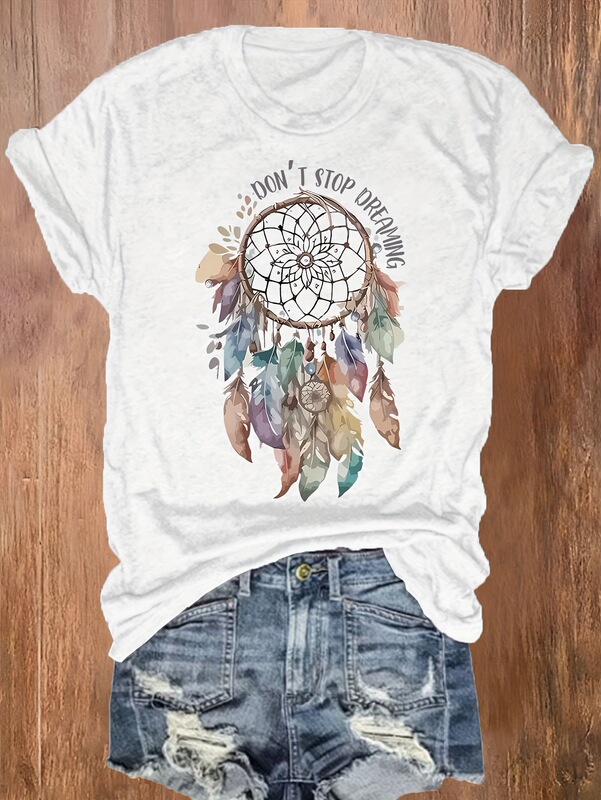 Plus Size Casual Short Sleeve T-Shirt for Women - Dream Catcher with Feather Print "Don'T Stop Dreaming" Inspirational Saying