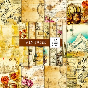 12 Sheets/Pack Retro Text and Picture Background Paper Temu New Cross-Border Independent DIY Handbook Material Paper