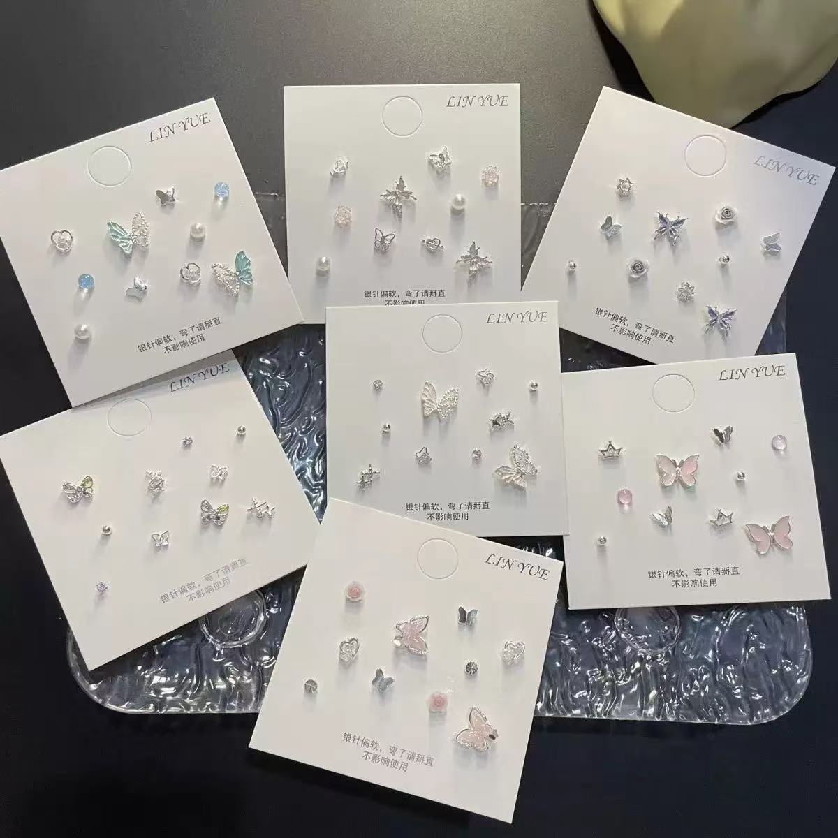 超仙蝴蝶一周套装耳钉s925银针小众花季少女系列耳饰小巧甜美饰品