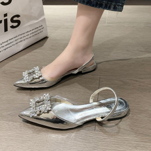 Baotou Sandals Women's 2023 Summer New Casual Hollow Transparent Flat Shoes Rhinestone Shallow Mouth Pointed Toe Low Heel Women's Shoes